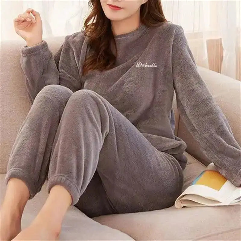 Women Velvet Pajama Set Fleecing Warm Loose Top And Elastic Waist Pants Home Casual Warm Woolen Suit Women 2023 Autumn Winter