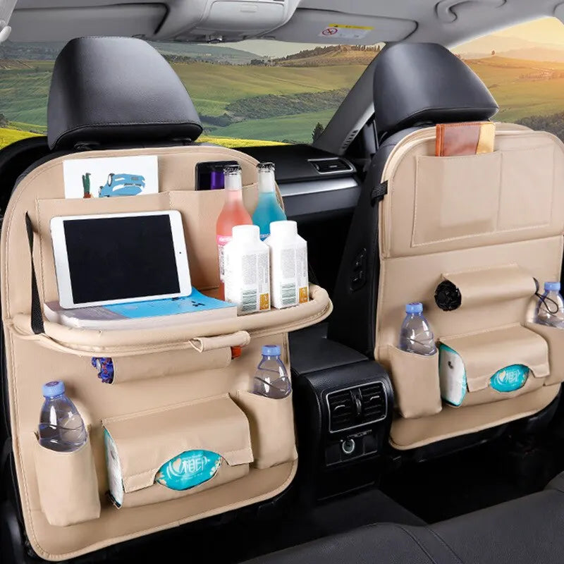 Premium PU Leather Car Seat Back Organizer with Foldable Table Tray – Multi-Pocket Storage & Kick Mat Protection