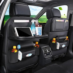 Premium PU Leather Car Seat Back Organizer with Foldable Table Tray – Multi-Pocket Storage & Kick Mat Protection