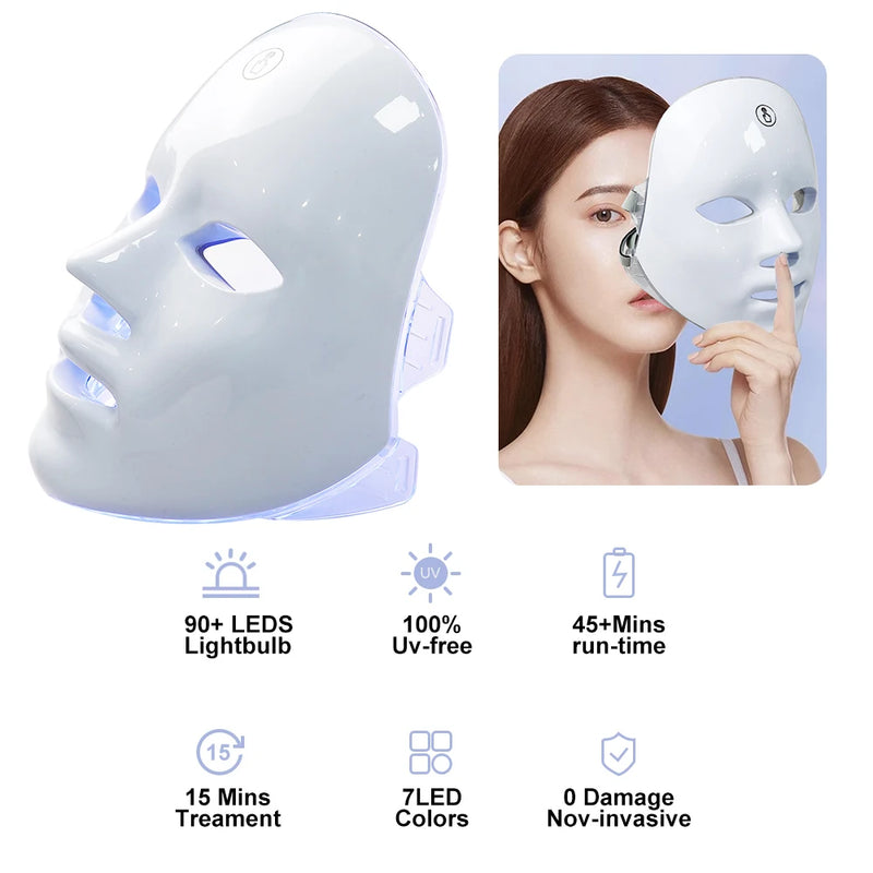 LED Facial Mask Photon Therapy Brightening 7 Colors Face Skin Rejuvenation Acne Care Shrinking Pores Anti-Wrinkle Home Facial