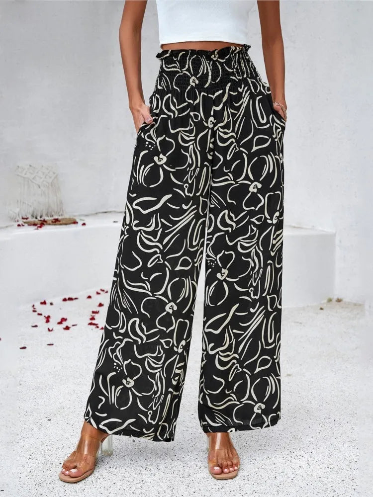 Print Floral Casual Pants Fashion Women Office Sweet High Waist Wide Leg Long Pants New 2024 Holiday Loose Trousers