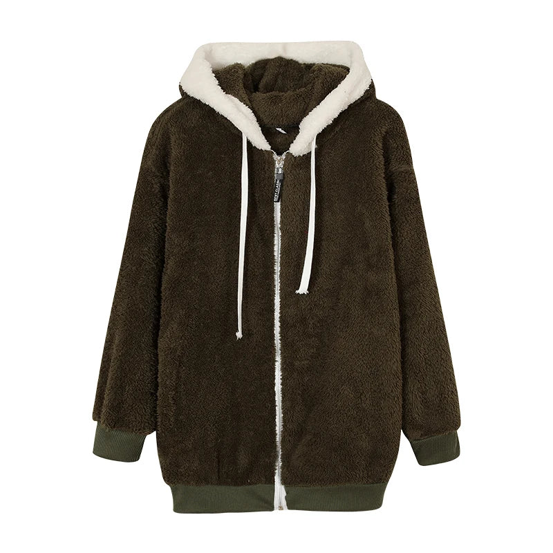 Autumn And Winter Loose Plush Zipper Hooded Jacket Woman