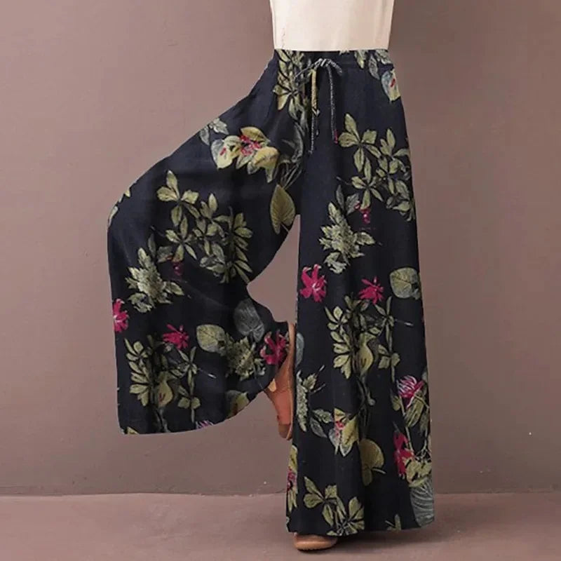 Retro Women Printing Wide Leg Pants Spring Autumn Fashion Drawstring Elastic Waist Trousers Ladies Casual Loose Pocket Pantalon