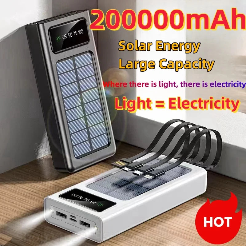 200000mAh Ultra-Large Capacity Power Bank Solar Charging Power Bank Comes With Four Wires Suitable For Samsung Apple Huawei