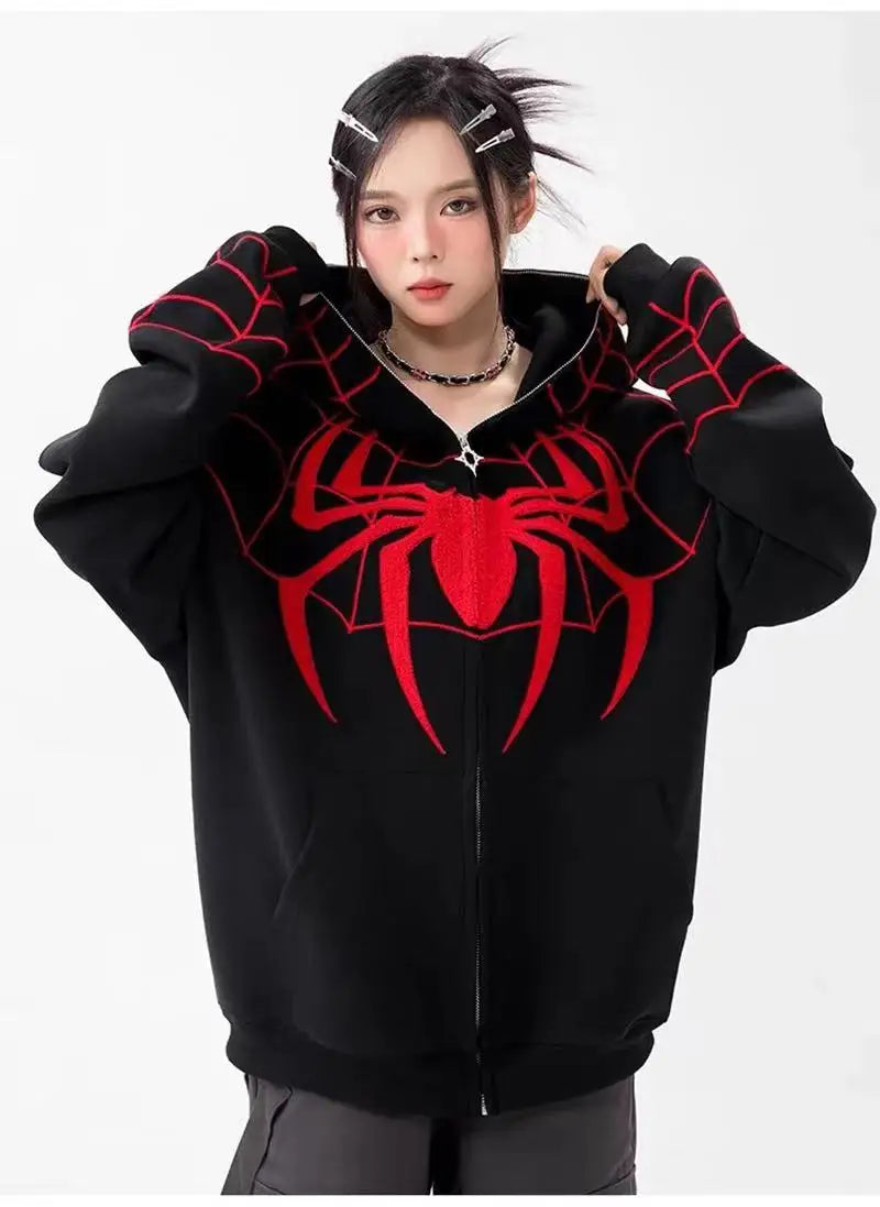 Gothic Y2k Anime Embroidery Zipper Spider Hoodies Men Sweatshirt Clothes Harajuku Oversize Hip Hop Long Sleeve Hoodie Men Women