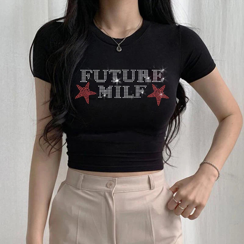 Rhinestone Letters Stars Printing T-shirts Fashion Casual O Neck Short Sleeve Crop Tops Y2k Summer Sexy Baby Tee Women Clothing