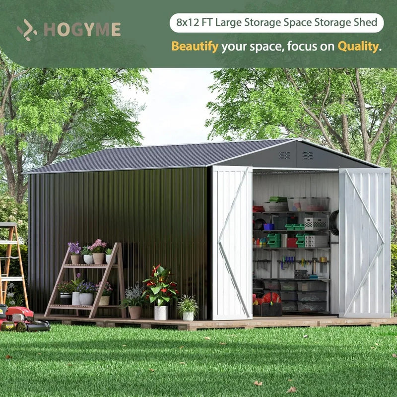 8x12 FT Outdoor Storage Shed, Large Metal Tool Sheds with Updated Frame Structure and Lockable Doors, Garden Shed for Backyard