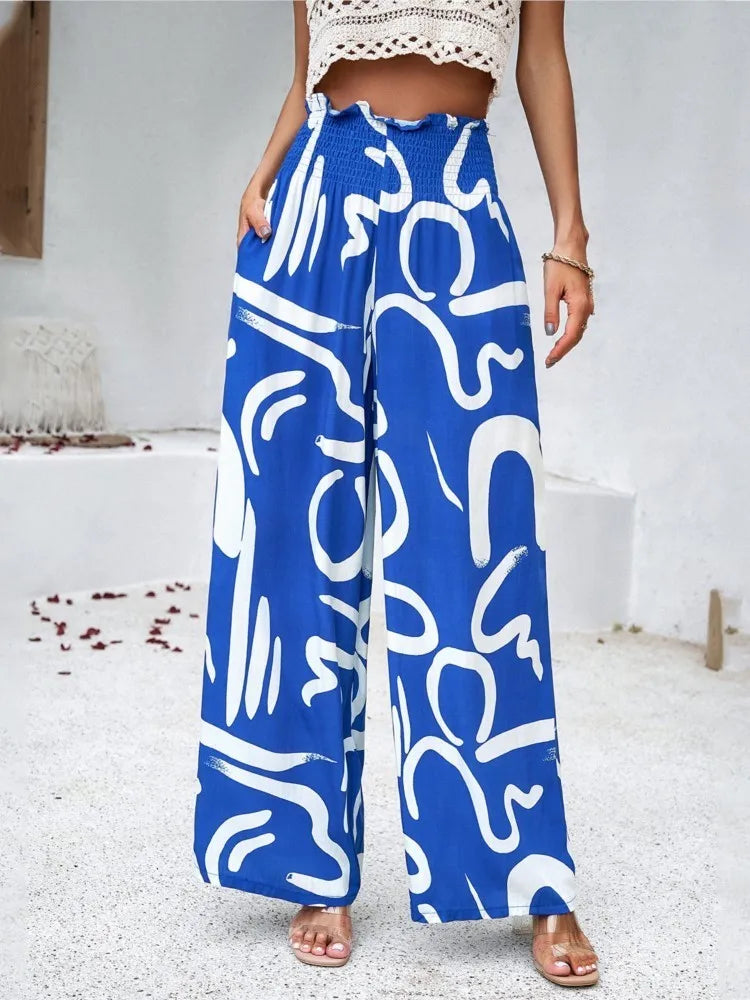 Print Floral Casual Pants Fashion Women Office Sweet High Waist Wide Leg Long Pants New 2024 Holiday Loose Trousers