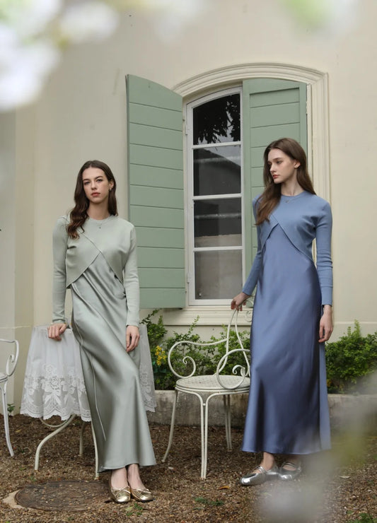 Spring Summer Women’s Elegant Satin Maxi Dress with Knitted Top | 2-Piece Floor-Length Outfit Set