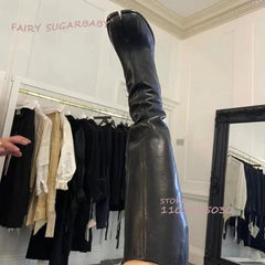 Women’s Knee-High Tabi Boots – Loose Fit Matte Black Leather Long Boots with Round Chunky High Heels | Split Toe Ankle-to-Knee Zipper Booties, British Style