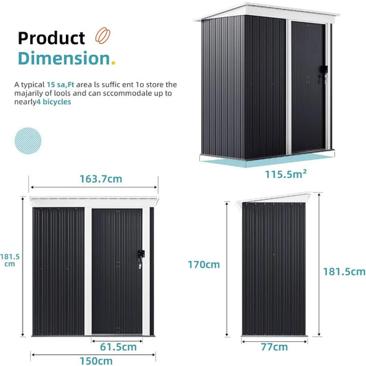 Outdoor Metal Shed 5FTx3FT, Mini Weather Resistant Tool Storage Sheds with Lockable Door, Sloped Roof Storage Shed,