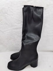 Women’s Knee-High Tabi Boots – Loose Fit Matte Black Leather Long Boots with Round Chunky High Heels | Split Toe Ankle-to-Knee Zipper Booties, British Style