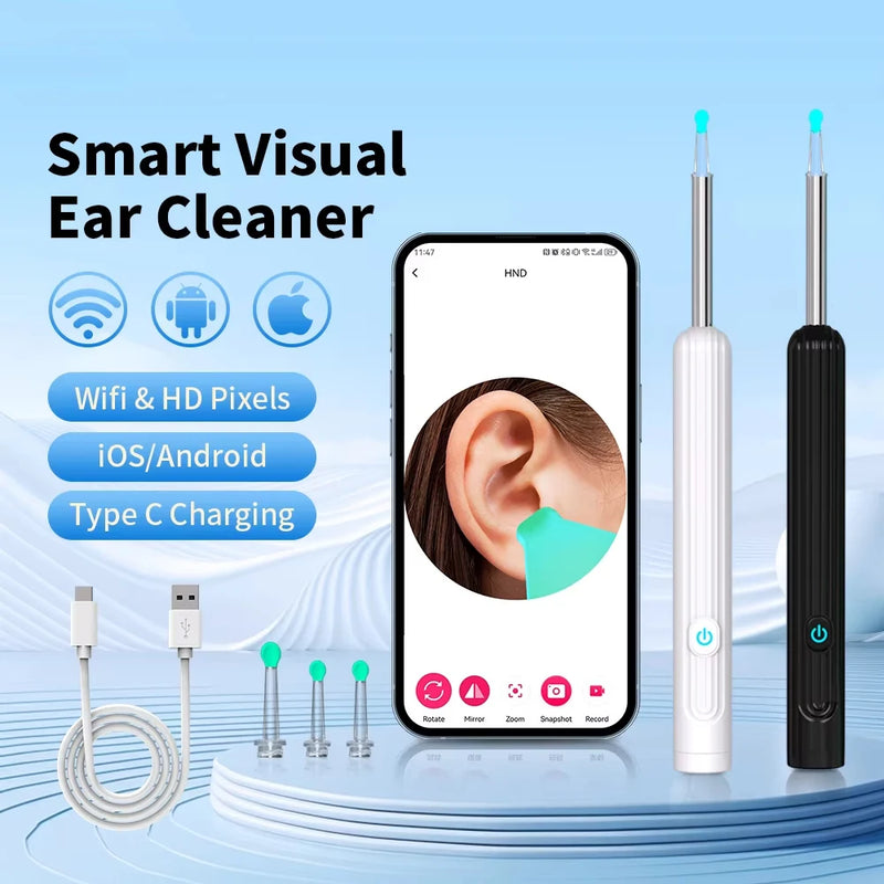 Smart Visual Ear Cleaner with Camera 1296P Ear Sticks USB C Charging Ear Wax Removal Tool WIFI Connection 6 LED Lights Earpick