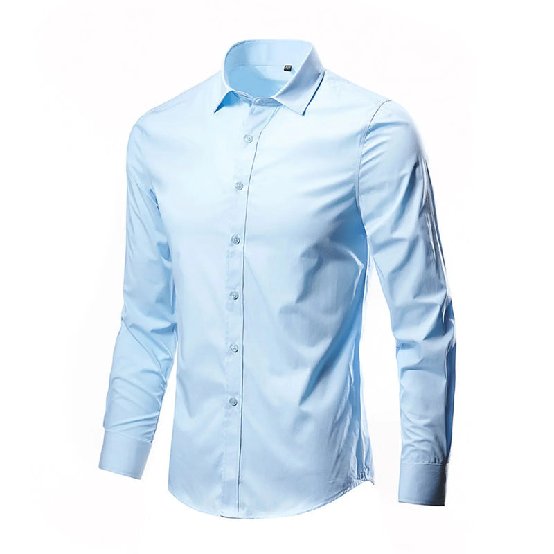 Mens Elastic White Dress Shirts Slim Fit Long Sleeve Button Down Formal Business Shirt Men Easy Care Non-Iron Chemise Homme 4XL