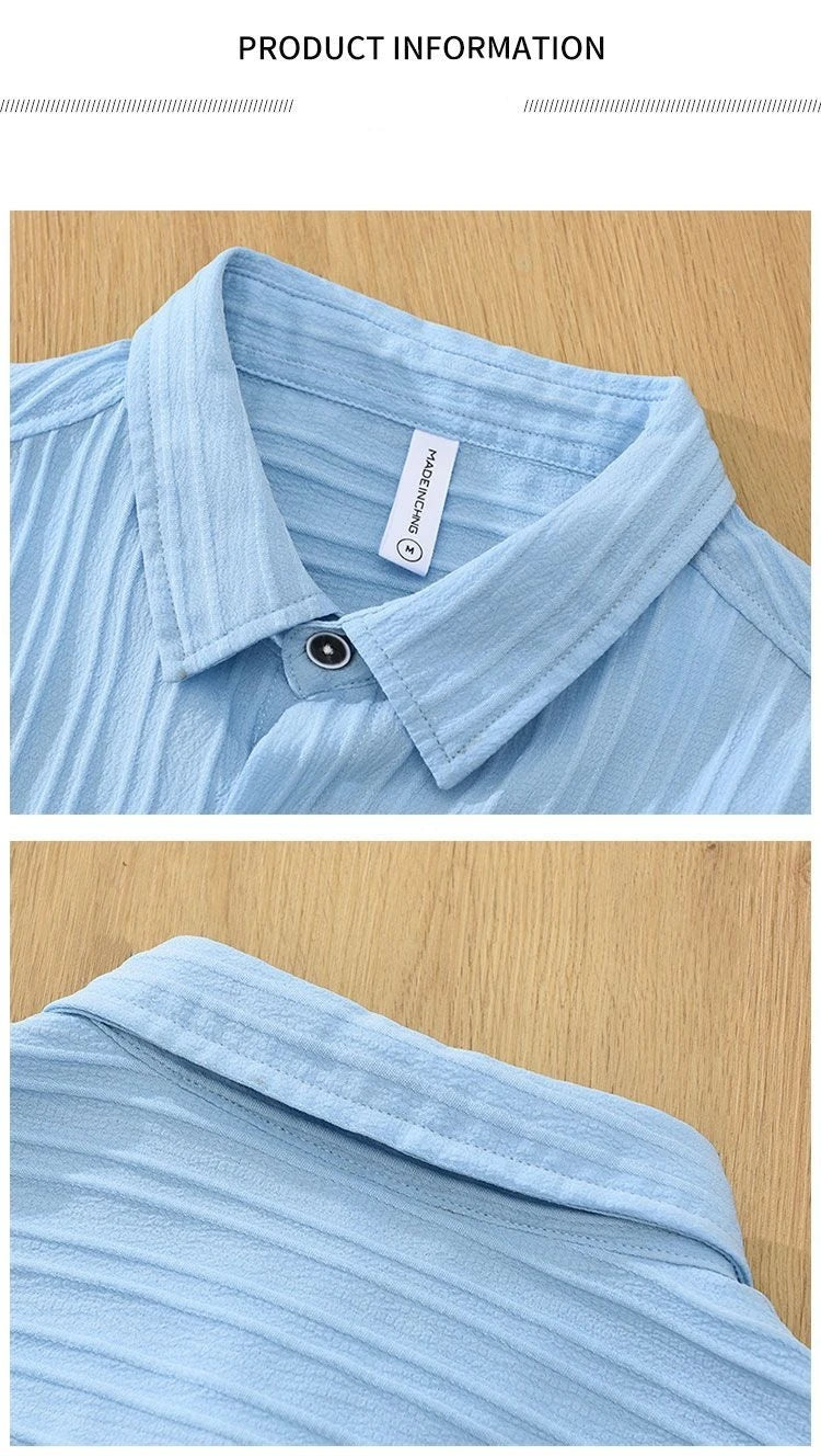 2024 Summer Trendy Men's Shirt Short Sleeved Thin Ice Silk Non Iron Pressed Wrinkle Texture Casual Loose Cardigan Lined Top