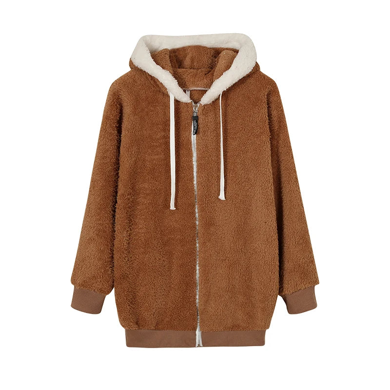 Autumn And Winter Loose Plush Zipper Hooded Jacket Woman