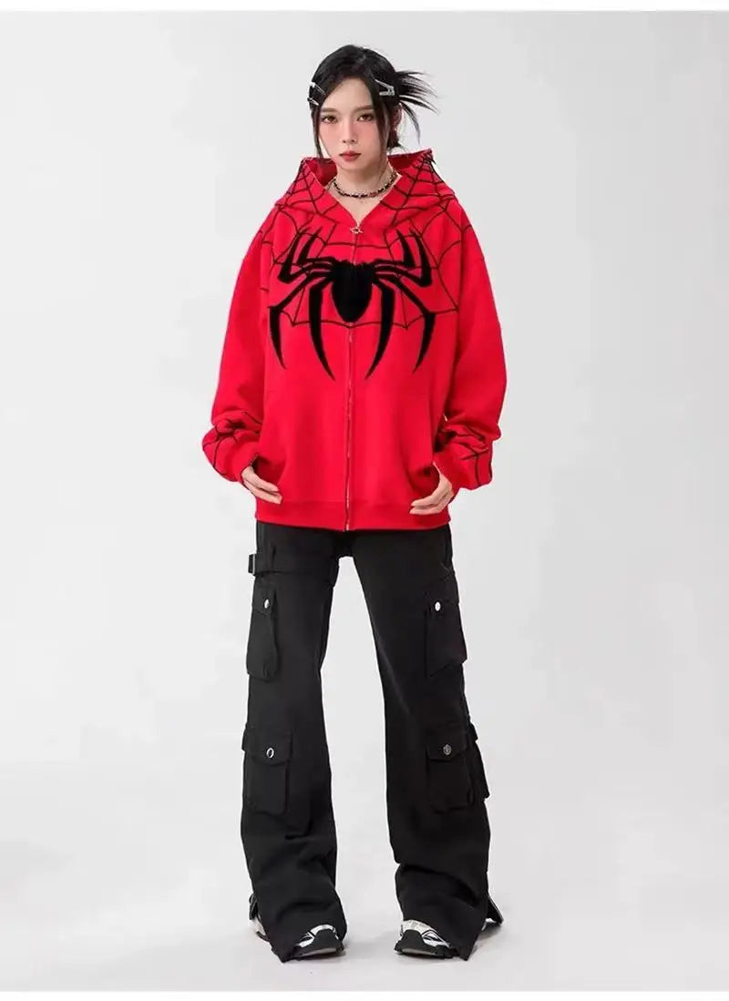 Gothic Y2k Anime Embroidery Zipper Spider Hoodies Men Sweatshirt Clothes Harajuku Oversize Hip Hop Long Sleeve Hoodie Men Women