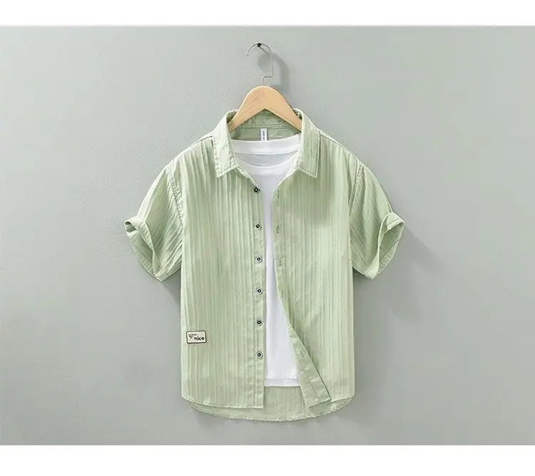 2024 Summer Trendy Men's Shirt Short Sleeved Thin Ice Silk Non Iron Pressed Wrinkle Texture Casual Loose Cardigan Lined Top