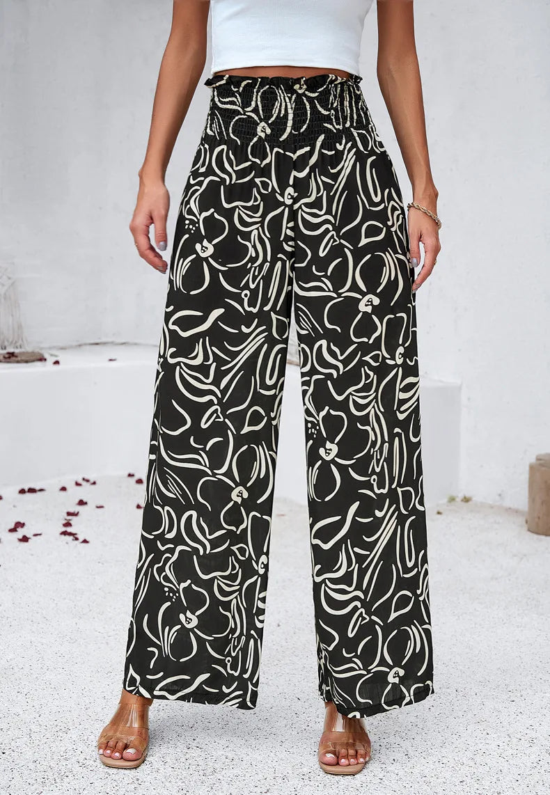 Print Floral Casual Pants Fashion Women Office Sweet High Waist Wide Leg Long Pants New 2024 Holiday Loose Trousers