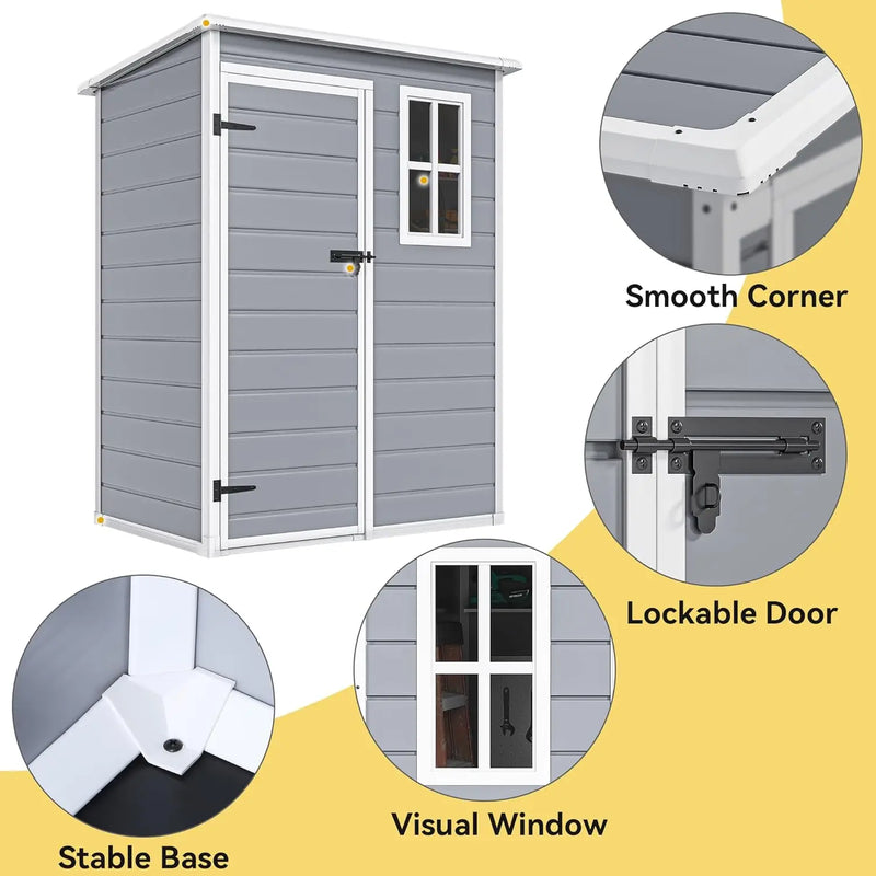 DWVO 5x3ft Resin Outdoor Storage Shed with Floor, Waterproof Lockable Storage Shed with Window, Plastic Outside Tool Storagex