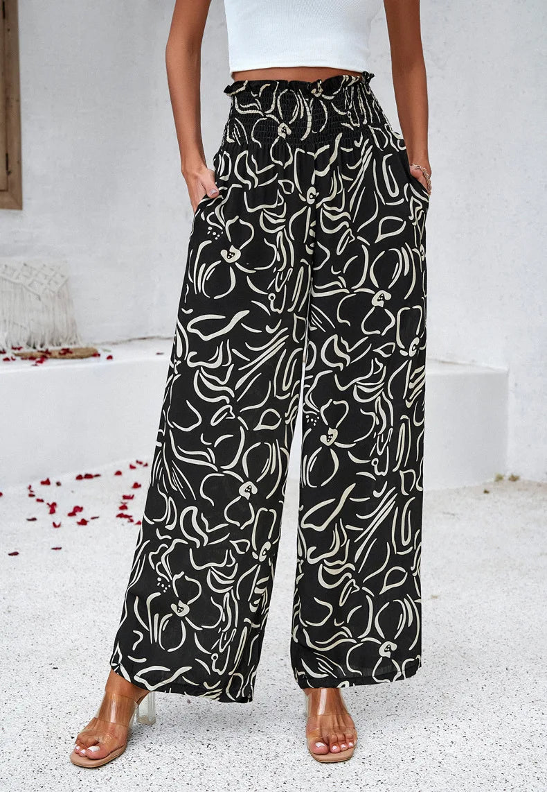 Print Floral Casual Pants Fashion Women Office Sweet High Waist Wide Leg Long Pants New 2024 Holiday Loose Trousers