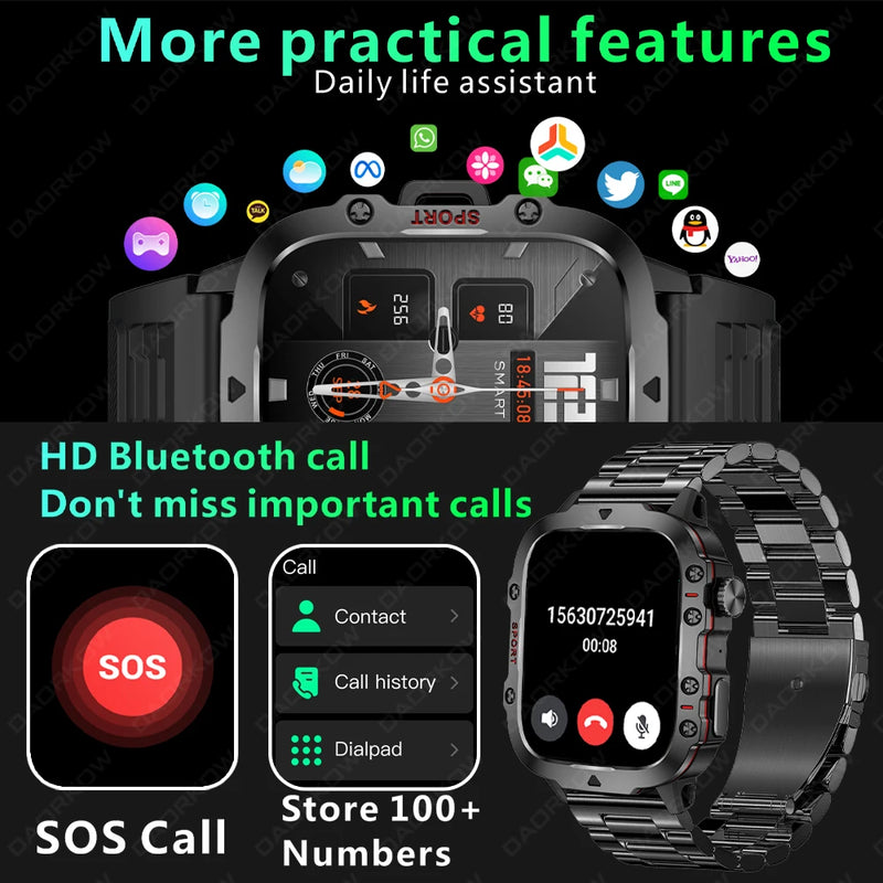 Military smartwatch men's outdoor sturdy appearance sports and fitness tracker 24H health monitor 1.96-inch smartwatch