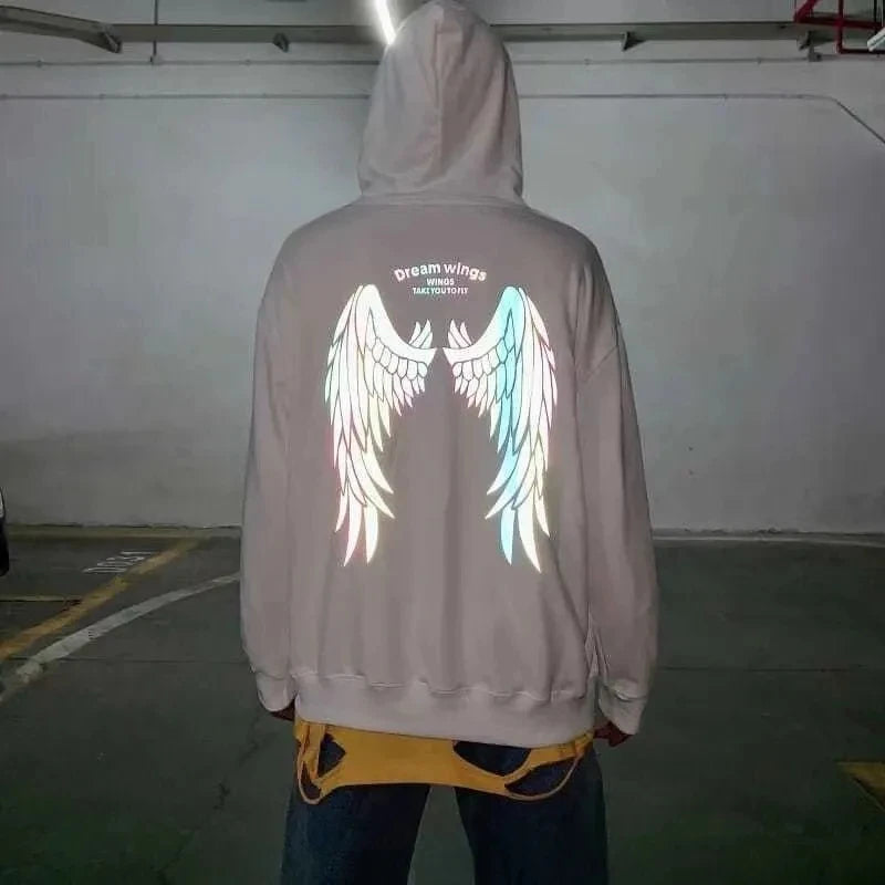 Spring Hip Hop Streetwear Harajuku Reflective Wing Printing Pullover Fashion Hooded Sweatshirt Male Clothing