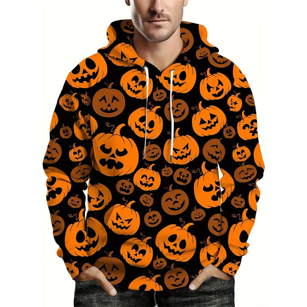 Plus size Halloween Vampire and Pumpkin Print hoodie - 3D printed jumper with kangaroo pockets, casual streetwear for both sexes