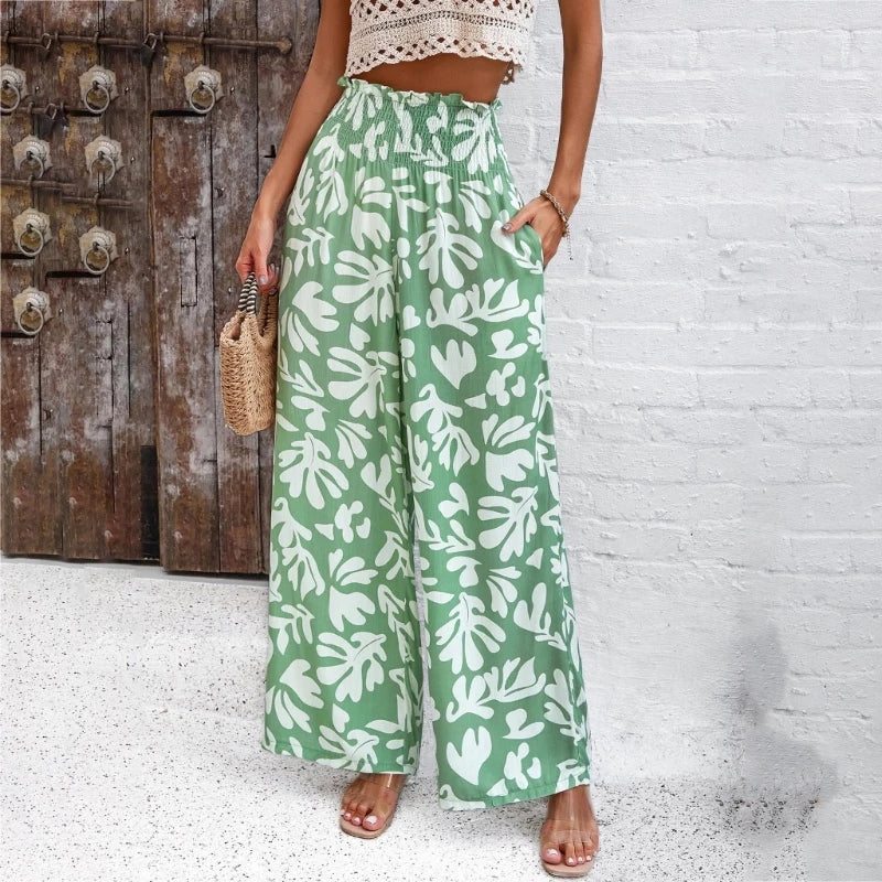 Women's Floral High Waist Wide Leg Pants Bohemian Summer Beach Palazzo Pants Trendy Long Trousers with Pockets