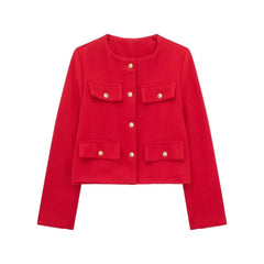 Women Elegant Cropped Jacket 2024 Women's Fashion Jacket O-Neck Long Sleeved Flip Pocket Coat Female Casual Outwear Tops