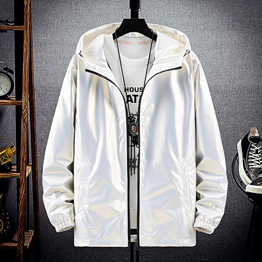 Men Hooded Jacket Zipper Solid Fashion Bright Black Silver Color Hoodies Waterproof Spring Autumn Elastic Cuff Coat Streetwear