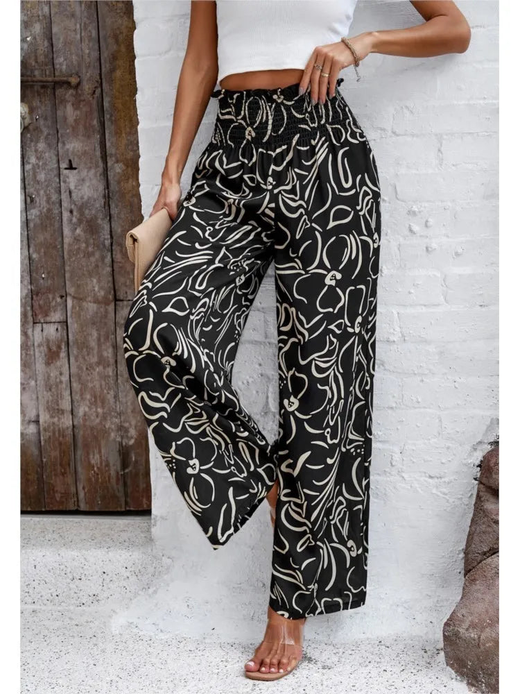 Print Floral Casual Pants Fashion Women Office Sweet High Waist Wide Leg Long Pants New 2024 Holiday Loose Trousers