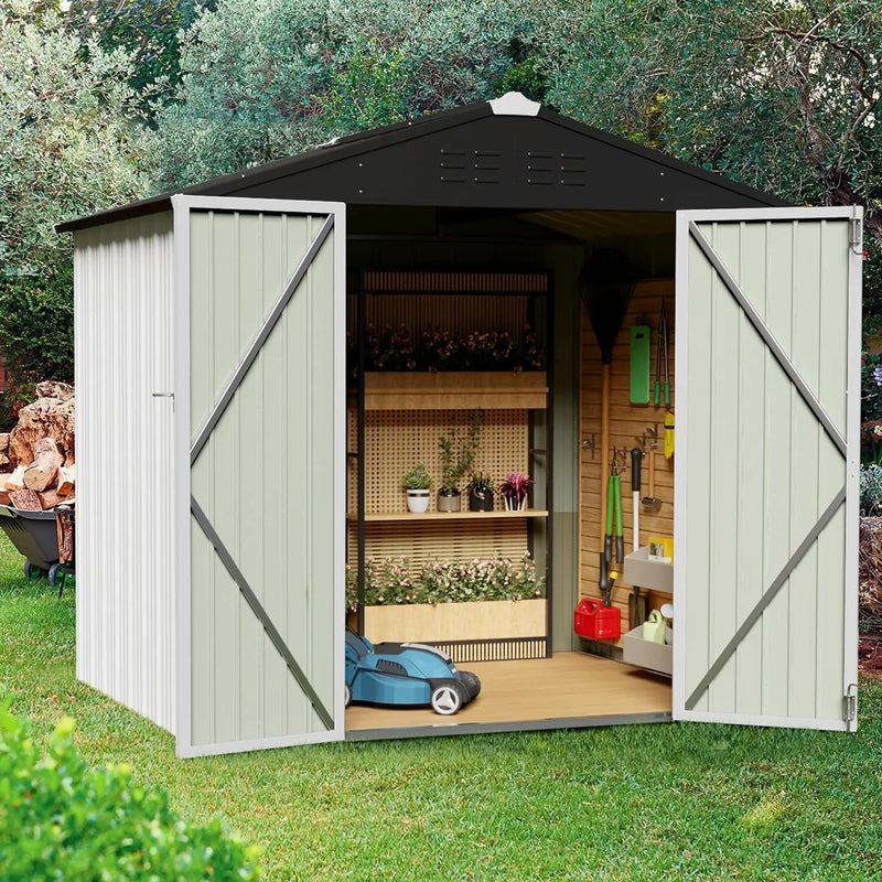 Metal Outdoor Storage 6 x 8 FT Metal Shed with Lockable Door,Waterproof Garden Tool Shed Storage House for Backyard, White