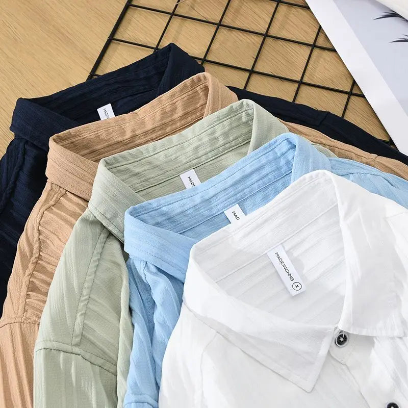 2024 Summer Trendy Men's Shirt Short Sleeved Thin Ice Silk Non Iron Pressed Wrinkle Texture Casual Loose Cardigan Lined Top