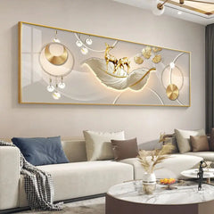 Chinese Style Golden Leaves & Deer Canvas Painting – Feng Shui Mountain Wall Art for Living Room (Unframed)
