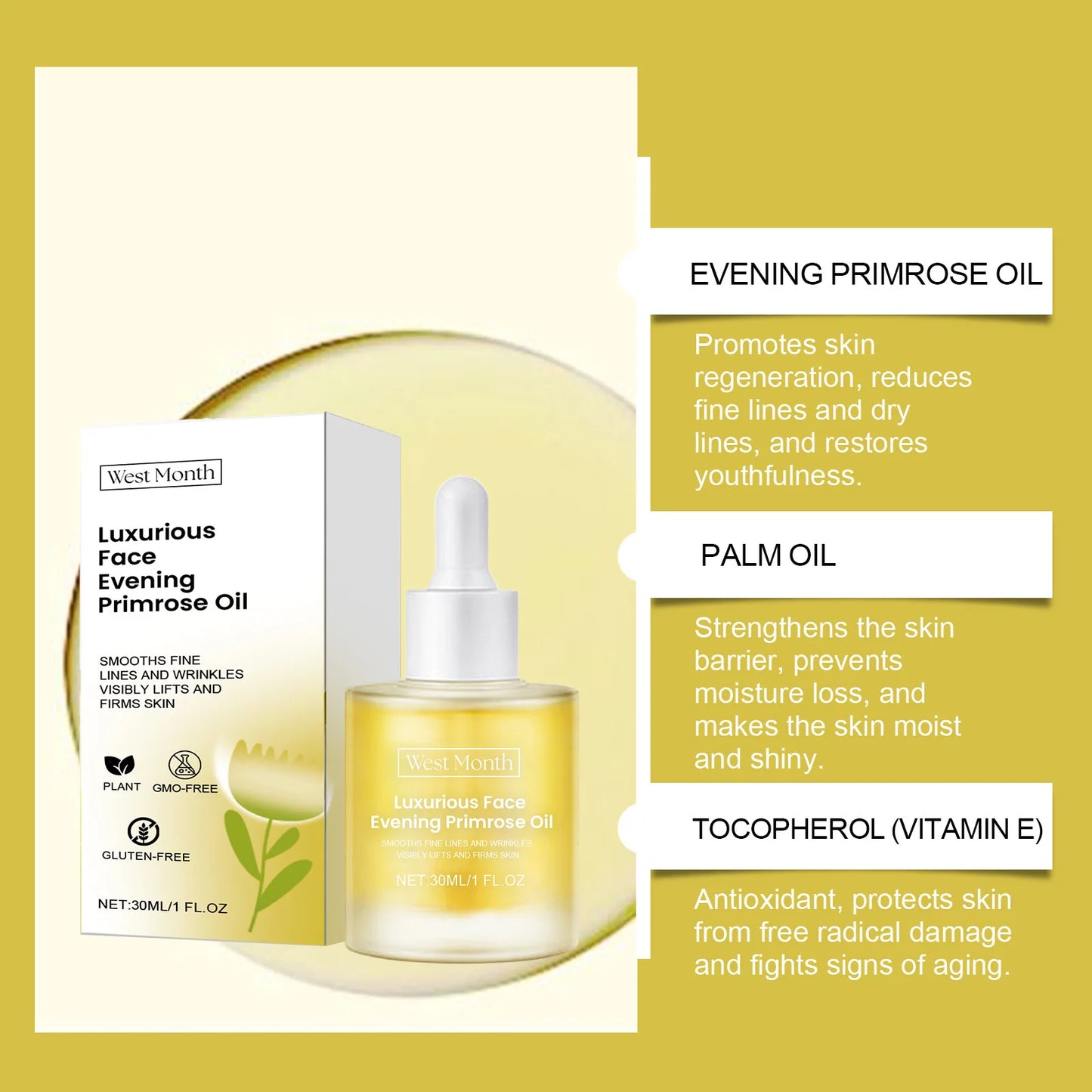 Evening Primrose Oil Deeply Nourishing Smooth Fine Lines Wri-nkles Removal Reduce Dryness Anti-Ag-ing Repairing Facial Essence