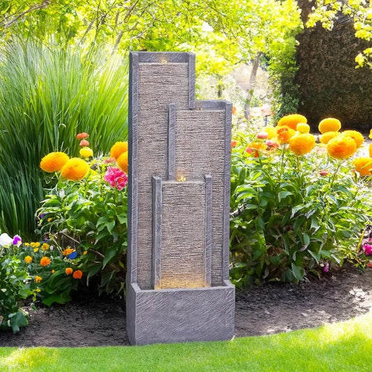 Modern Cascading Water Fountain - Outdoor/Indoor Floor Fountain with LED Lights & Pump, Contemporary Curves for Garden Decor