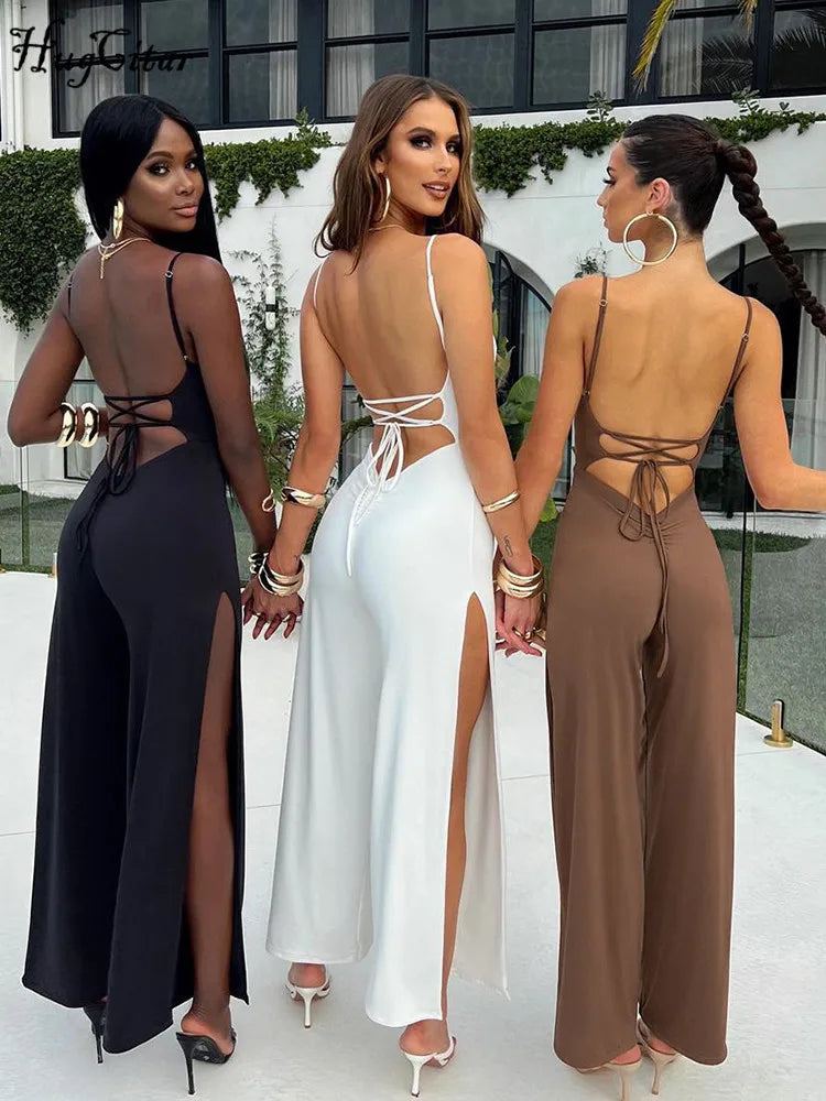 Hugcitar Solid Slips Backless Bandage Lace Up Sexy Bodycon Jumpsuit Summer Elegant Outfit Casual Party Romper Y2K Dropshipping