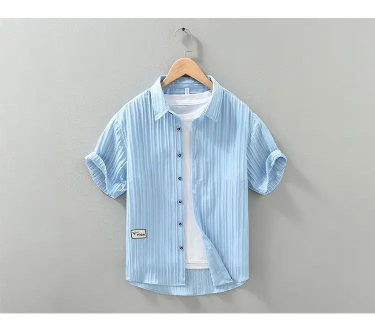 2024 Summer Trendy Men's Shirt Short Sleeved Thin Ice Silk Non Iron Pressed Wrinkle Texture Casual Loose Cardigan Lined Top