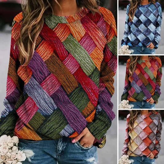 Women Sweater Top Colorful Print Round Neck Long Sleeve Loose Pullover for Women Retro Spring Top Sweater