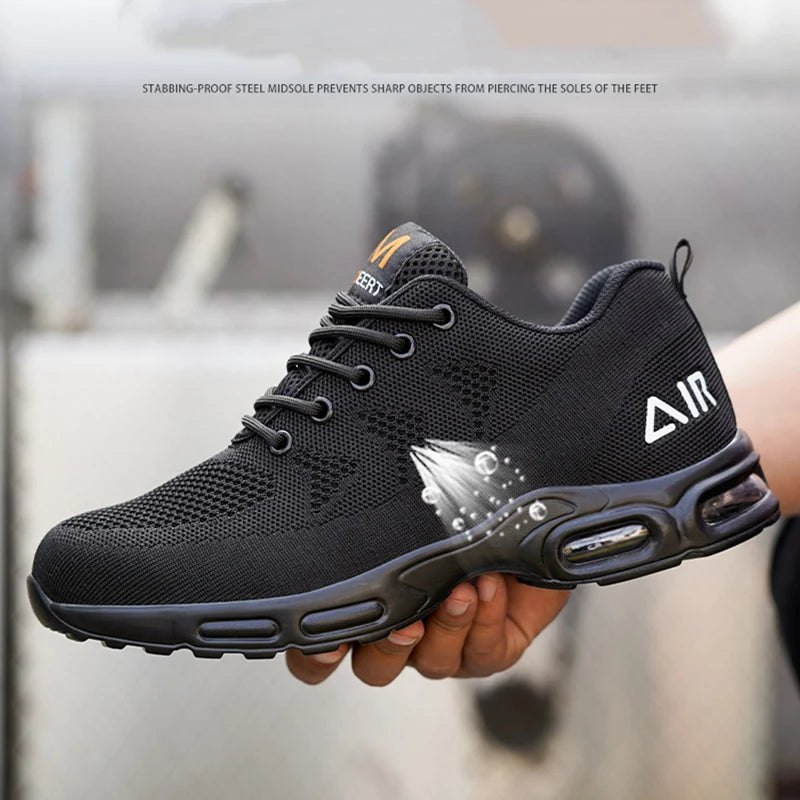 Work Safety Shoes For Men Women Air Cushion Breathable Work Sneakers Steel Toe Shoes Anti-puncture Safety Protective Black Shoes