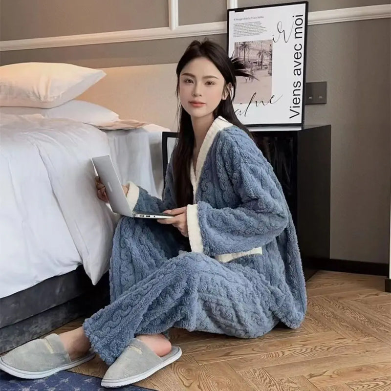 Women Velvet Pajama Set Fleecing Warm Loose Top And Elastic Waist Pants Home Casual Warm Woolen Suit Women 2023 Autumn Winter