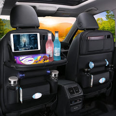 Premium PU Leather Car Seat Back Organizer with Foldable Table Tray – Multi-Pocket Storage & Kick Mat Protection