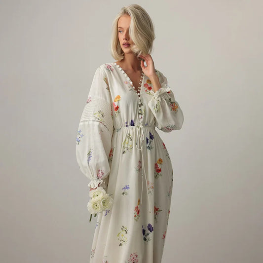 Sweet Floral Printed Backless Maxi Dress for Women – Lantern Sleeve, High Waist Long Robe | Summer Vacation Outfit