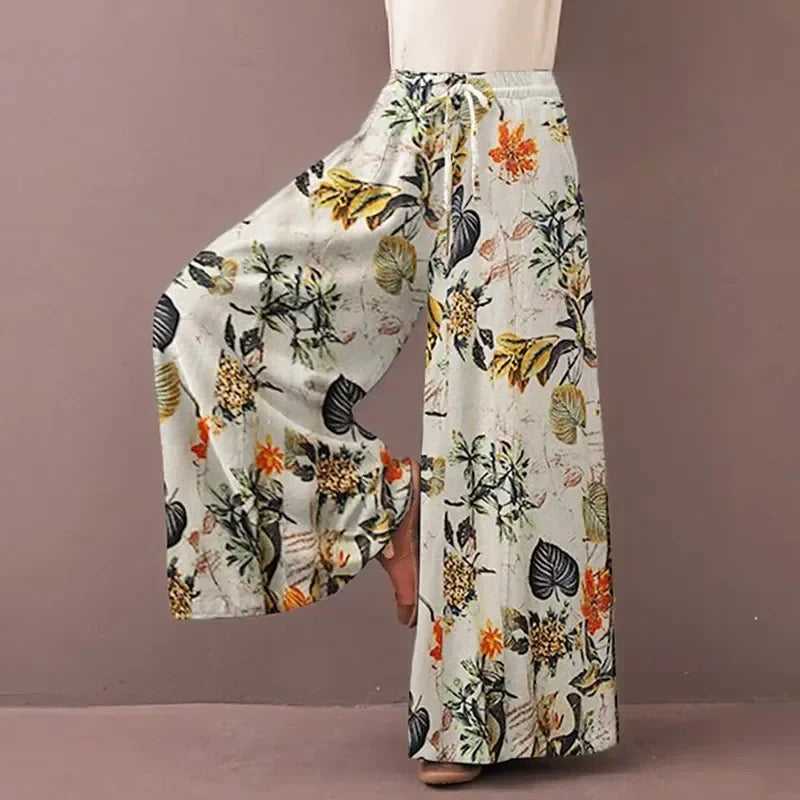 Retro Women Printing Wide Leg Pants Spring Autumn Fashion Drawstring Elastic Waist Trousers Ladies Casual Loose Pocket Pantalon