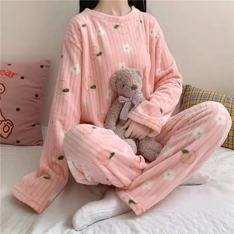 Women Velvet Pajama Set Fleecing Warm Loose Top And Elastic Waist Pants Home Casual Warm Woolen Suit Women 2023 Autumn Winter