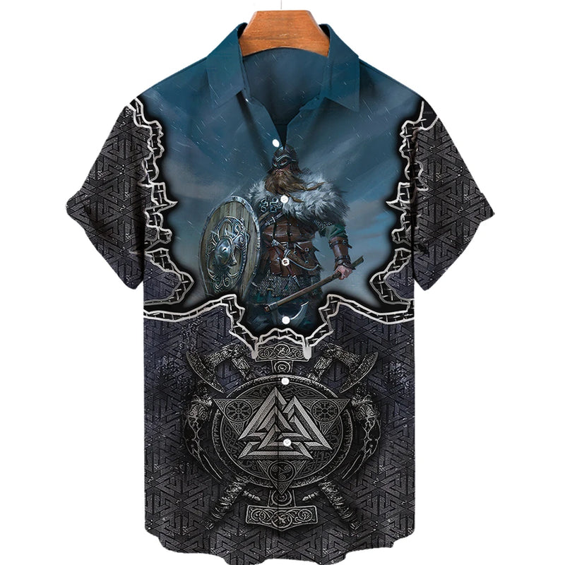 Summer Men's Hawaiian Shirt Fashion Ocean Adventure Viking Print Oversized Shirt O Neck Short Sleeve Shirt