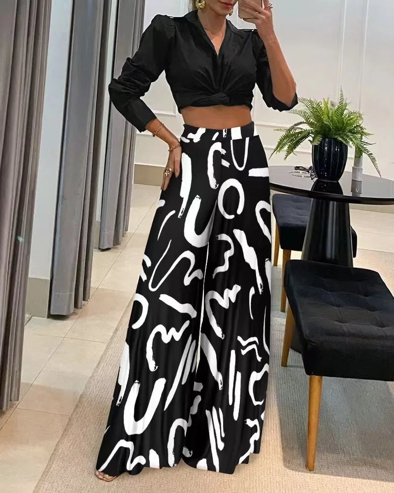 Women's Fashionable Printed Loose Pants, Elegant Wide Leg And Elastic Waist Clothing, Novel Autumn Pantalones De Mujer