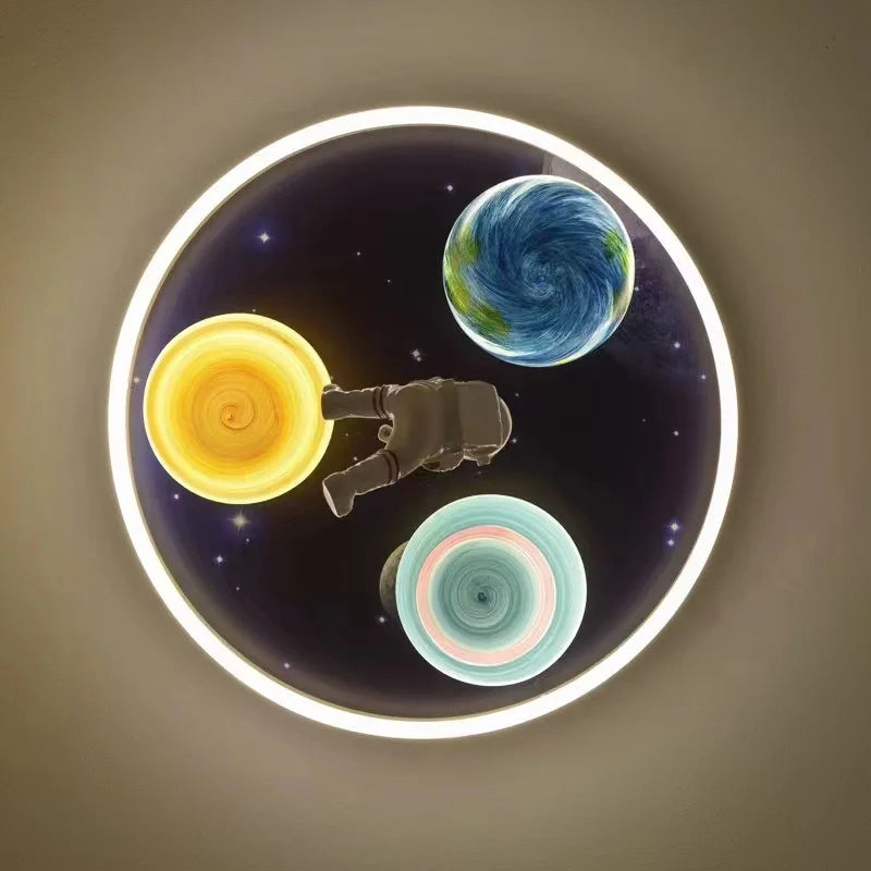 Modern Astronaut Led Ceiling Light with Creative Planet and Flying Spaceship Design for Kids' Room Decor