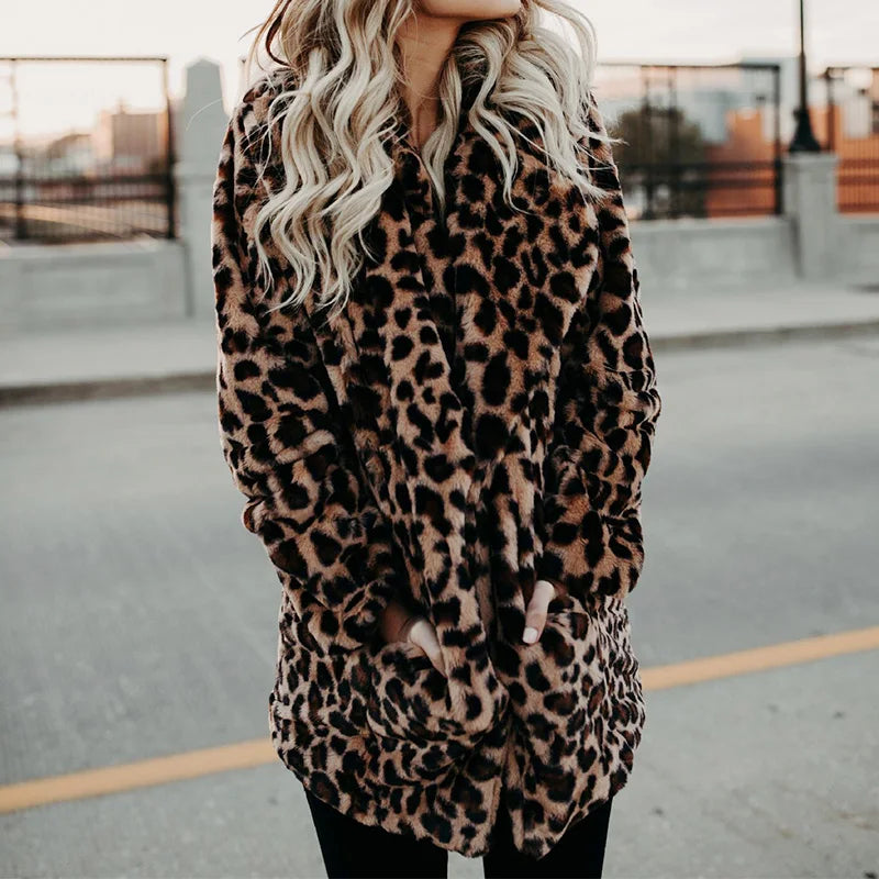 Faux Fur Coat Women New Winter Fashion Leopard Print Outerwear Warm Long Sleeve Artificial Fur Jacket Plush Clothing S-5XL